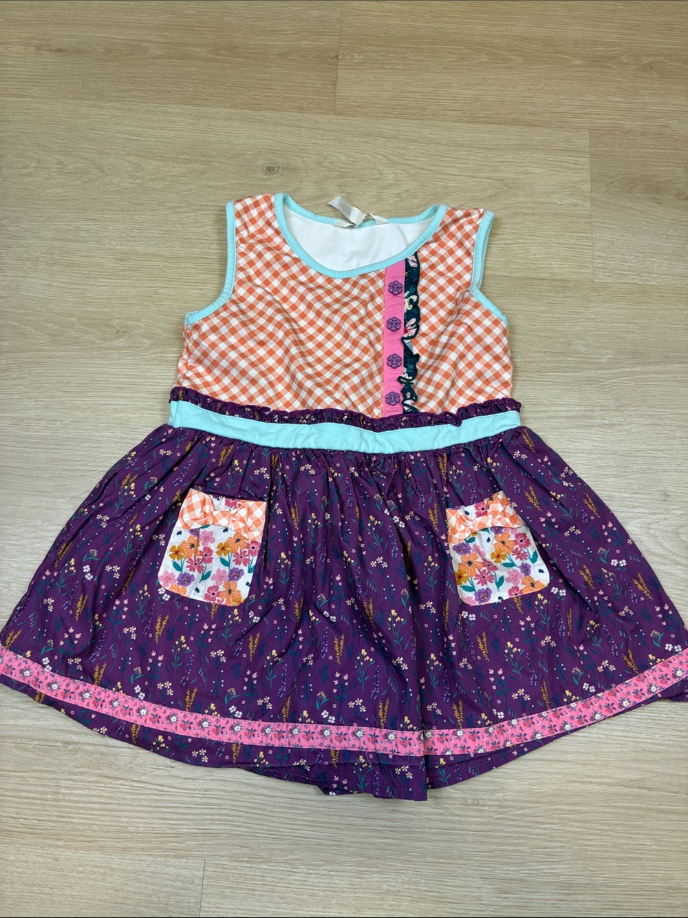 Matilda Jane Purple Floral & Orange Gingham Girl’s 12 Top with Aqua Trim